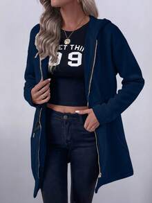 SHEIN LUNE Women's Casual Vacation Drawstring Pocket Hooded Sweatshirt Lightweight Long Jacket Zip Up Hoodie Women Blue Jacket Navy Blue Set 2 Piece Casual Sets Woman Blue For Women - Navy Blue - View 3