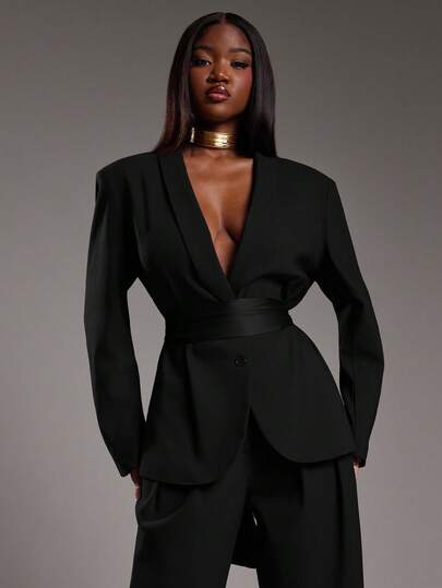 NYA SZN Lydia Jacket Blazer Oversized Button Up Plunge Neck Modest Old Money Business Casual Everyday Casual Vintage Church Office Teacher Back To School Fall Winter Suitable For Commuting Outfits For Women