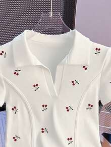 Resyla Cherry Print V-Neck Short Sleeve Casual Women T-Shirts - White - View 4