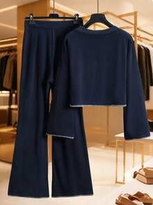 Modelyn Women's Design Sense Crew Neck Long Sleeve Loose Knit Sweater, Navy Blue, Fashionable, Autumn/Winter - Navy Blue - View 2