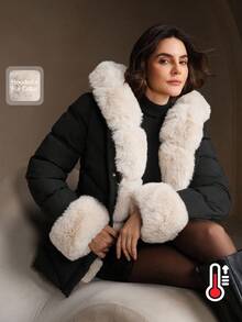 Anewsta Thick Fluffy Fur Collar Quilted Women's Winter Jacket - Black - View 2