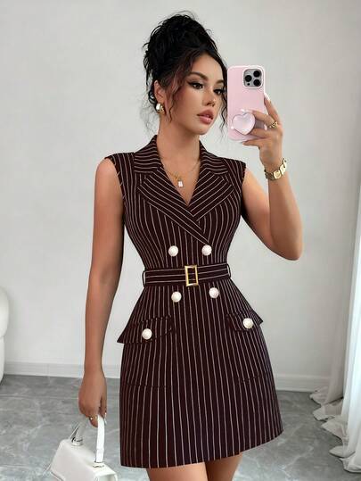 GlowEve New Women's French Elegant Commuter High-End Sense Khaki Striped Design Double-Breasted Belt Cinched Waist Metal Buckle + Pearl Buckle Unique Vest Sleeveless Layered Versatile Daily 4th Of July Ladies Blazer