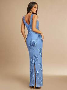 Silquee 女士优雅提花露背无袖修身连衣裙，夏季 - 淺藍色 - 查看 2