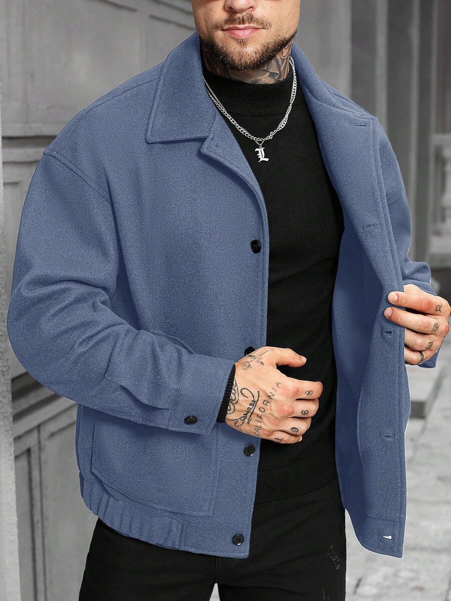 Manfinity Homme Chaqueta casual de uso diario y para ir al trabajo, de unicolor, mezcla de lana, para otoño/invierno - Neblina azul - Ver 1