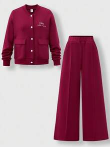 SHEIN Explorewe 2pcs/Set Tween Girls' Burgundy Baseball Collar Cardigan,Embroidered Letter Graphic,Button Closure,Large Pockets,Crease Pants,Autumn Casual School - Burgundy - View 8