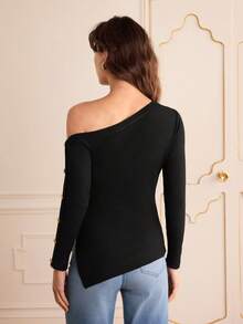Lilora Sweater Pullover Wanita Slim Fit dengan Bahu Asimetris Seksi Terbaru, Musim Gugur/Dingin - Hitam - View 9