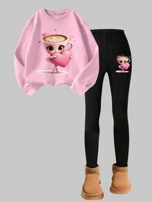 SHEIN Explorewe 少女咖啡女郎图案圆领卫衣和黑色修身裤两件套，舒适合身，秋冬款 - 粉色 - 查看 3