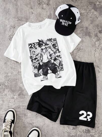 SHEIN Coolqubz Set de 2 piezas de camiseta casual de cuello redondo con personaje de anime de dibujos animados y pantalones cortos deportivos para adolescentes