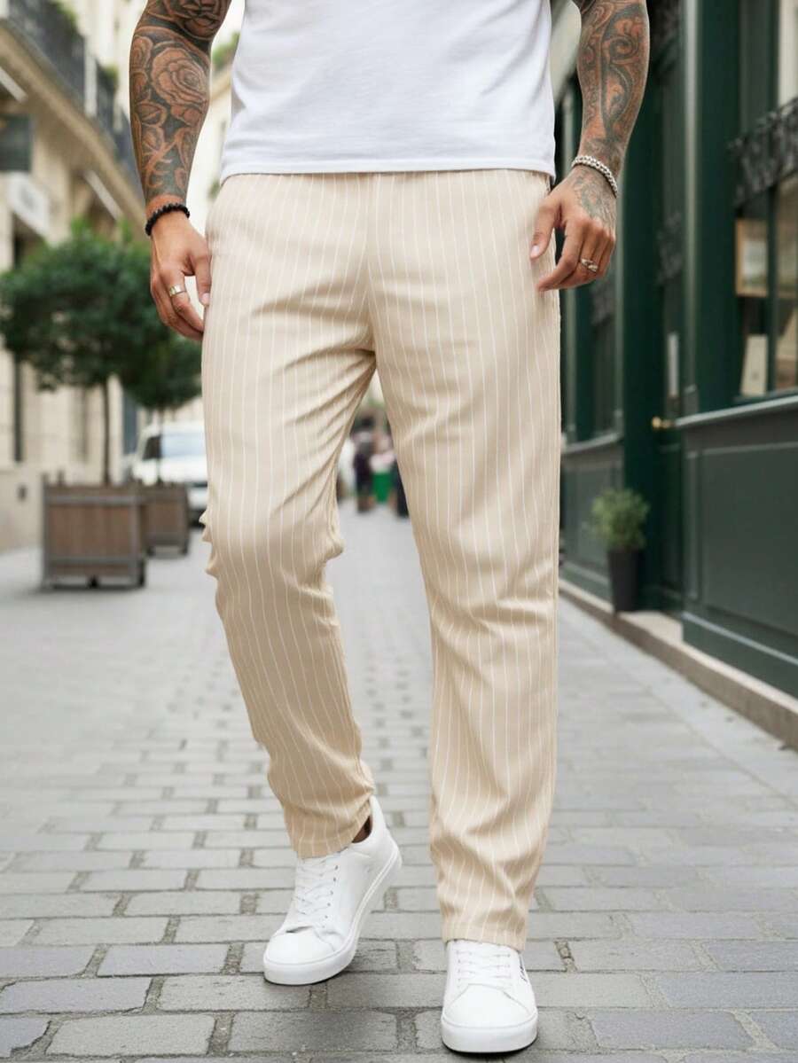 Manfinity NXTstreet Men's Casual Everyday Commute Striped Print Drawstring Waist Slant Pocket Loose Straight Leg Pants - Apricot - View 1