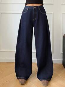 DAZY Solid Color Loose Button Decor Ankle Cuff Straight Leg Black Jeans - Navy Blue - View 7