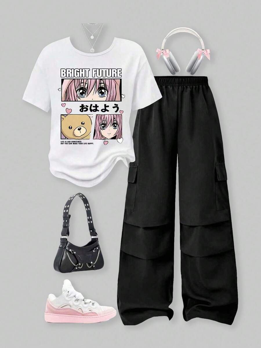 SHEIN 两件套少女休闲时尚卡通图案短袖上衣搭配粉色工装裤套装,适合女孩夏季假期穿着 - 彩色 - 查看 1