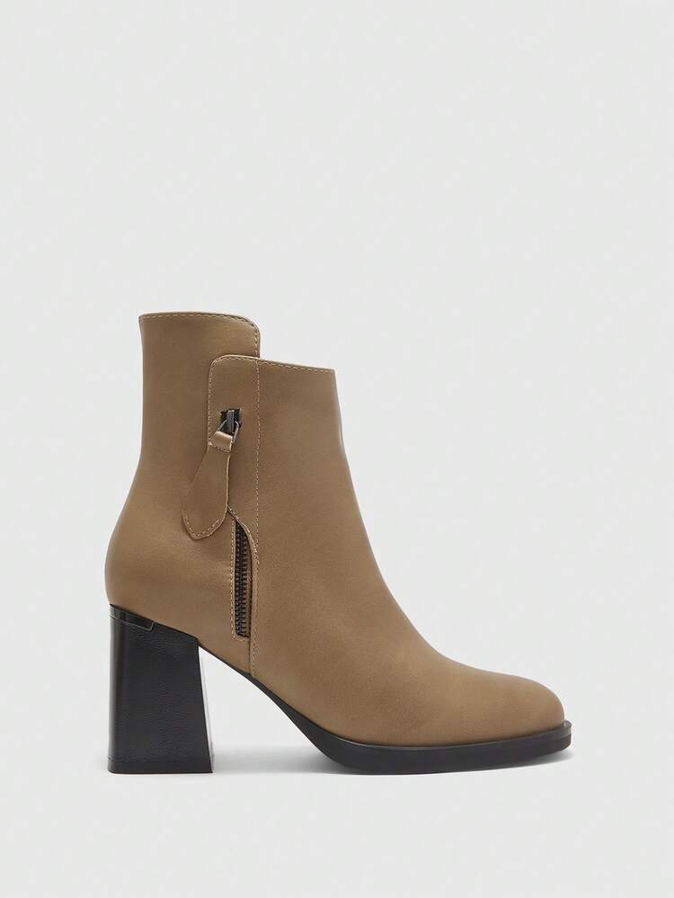 CUCCOO BIZCHIC 女性用サイドジッパー デザイン ファッショナブル カジュアル ハイヒール ミッドカーフブーツ