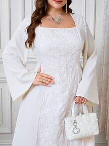 Modelyn Plus Size Women Elegant Jacquard Square Neck Flare Sleeve Dress - Apricot - View 1