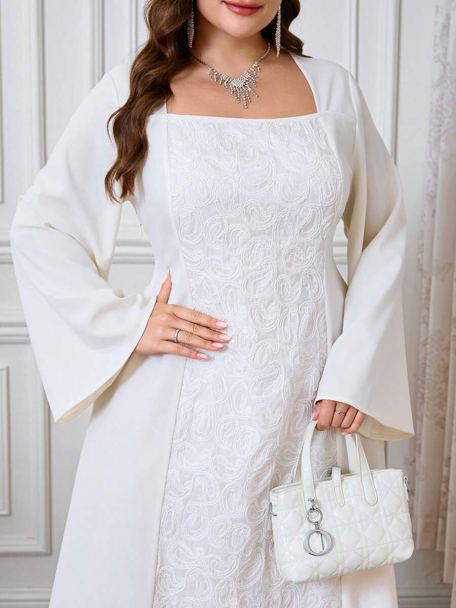 Modelyn Plus Size Women Elegant Jacquard Square Neck Flare Sleeve Dress - Apricot - View 1