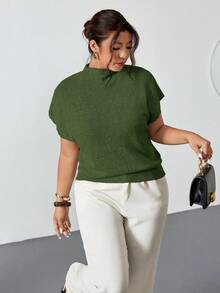 Firerie Atasan Rajut Kasual Lengan Pendek Kerah Tegak Model Batwing Warna Polos untuk Wanita Ukuran Plus, Cocok untuk Musim Semi hingga Musim Panas - Hijau - View 4