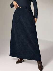 Heiryn Plus Size Elegant Solid Color A-Line Skirt, Autumn/Winter - Navy Blue - View 5