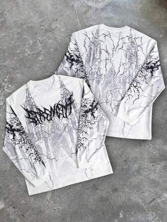 Sport MetroGents Camiseta deportiva de manga larga con cuello redondo y estampado de letras góticas para hombre