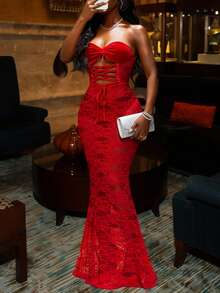 Slaydiva 春夏新款蕾丝连衣裙，细肩带，交叉露背设计，鱼尾下摆，优雅性感，适合派对、约会、宴会、休闲装、度假、游轮、海滩、日光浴 - 紅色 - 查看 8