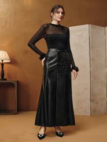 Anewsta Modern Fashionable New Autumn PU Rhinestone Decorated Women's Skirt - Black - View 7
