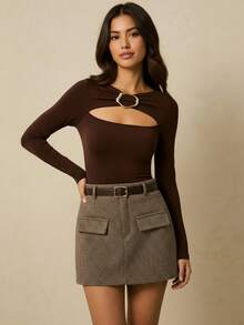 Poéselle Women's Skirts, Pants Lining, Decorative Pocket Covers, Women's Bottoms, Brown Skirts, Tweed Skirts Women's High Waist Striped Shorts With Lining, Elegant Skirt Fall/Winter Fall Clothes For Women Fall Outfits For Women Autumn Clothes For Women - Brown - View 9