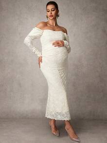 MaterniChic Maternity Clothes Maternity  Dress Spring And Summer Pregnant Clothes Apricot Dress Lace One Shoulder Elegant Party Romantic - Apricot - View 5