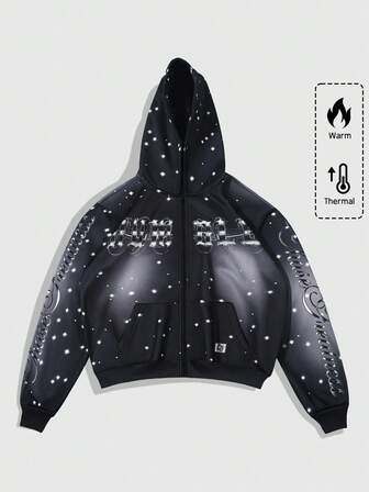 Street Life Sudadera con capucha con cremallera y estampado casual de estilo urbano para hombres