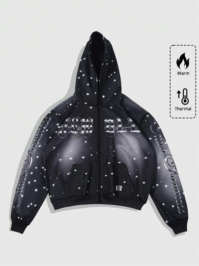 ROMWE MEN Street Life Men's Street Style Casual Printed Zip-Up Hoodie Sweatshirt