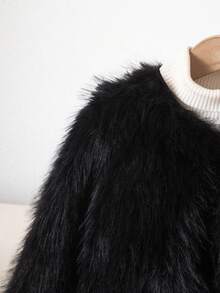 Elladie kids 少女休闲蓬松人造毛皮宽松外套，时尚优雅的都市冬季风尚 - 黑色 - 查看 3
