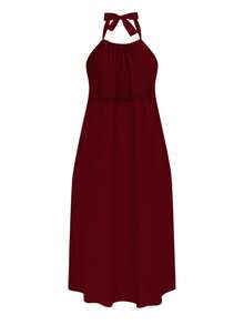 SHEIN Clasi Plus Size Elegant Solid Color Backless Halter Dress, Summer - Burgundy - View 2