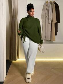 Maweii Plus Size Women High Neck Casual Drawstring Design Pullover Sweater - Green - View 4