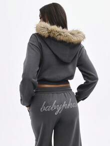 BABYPHAT Faux Fur Hooded Zip Up Cropped Sweatshirt With Rhinestone Embellished Text Details For Winter - Black - View 2