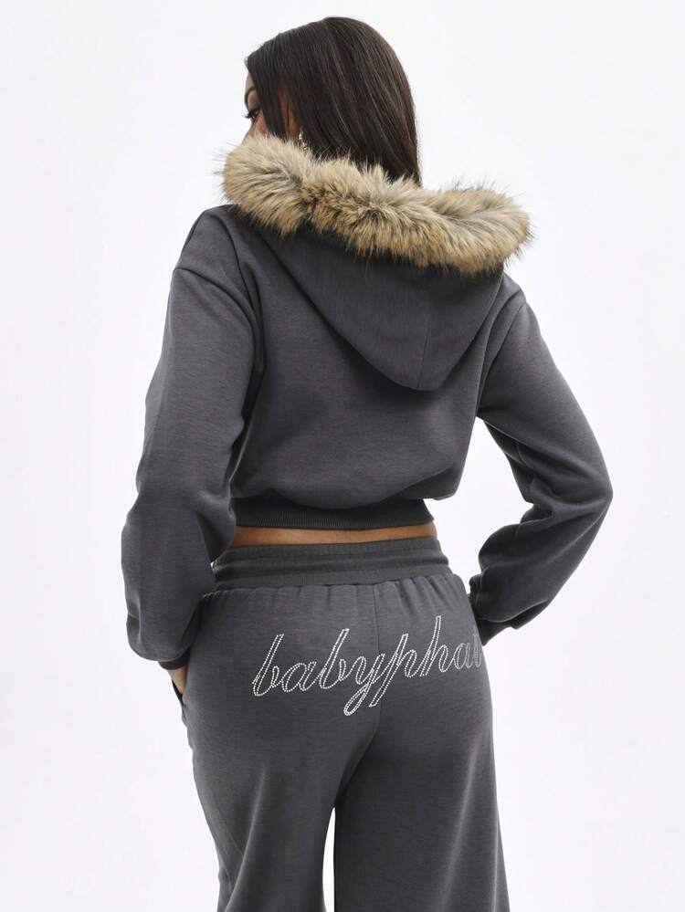 BABYPHAT Faux Fur Hooded Zip Up Cropped Sweatshirt With Rhinestone Embellished Text Details For Winter