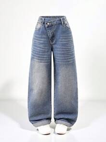SHEIN Explorewe 少女休闲水洗不对称腰直筒牛仔裤 - 中等水洗藍 - 查看 4