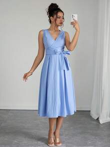 Rafferiza Váy xếp ly cổ chữ V thanh lịch, không tay, họa tiết nhăn, phù hợp đi làm, đi chơi và hẹn hò, mọi mùa - Màu xanh lam - Xem 5
