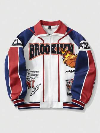 Prep Veste de loisirs pour hommes de basketball à impression colorée et lettrée avec fermeture éclair, automne