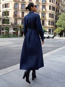 Maija 女士藏蓝色衬衫领长袖收腰连衣裙，秋冬款 - 藏蓝色 - 查看 6