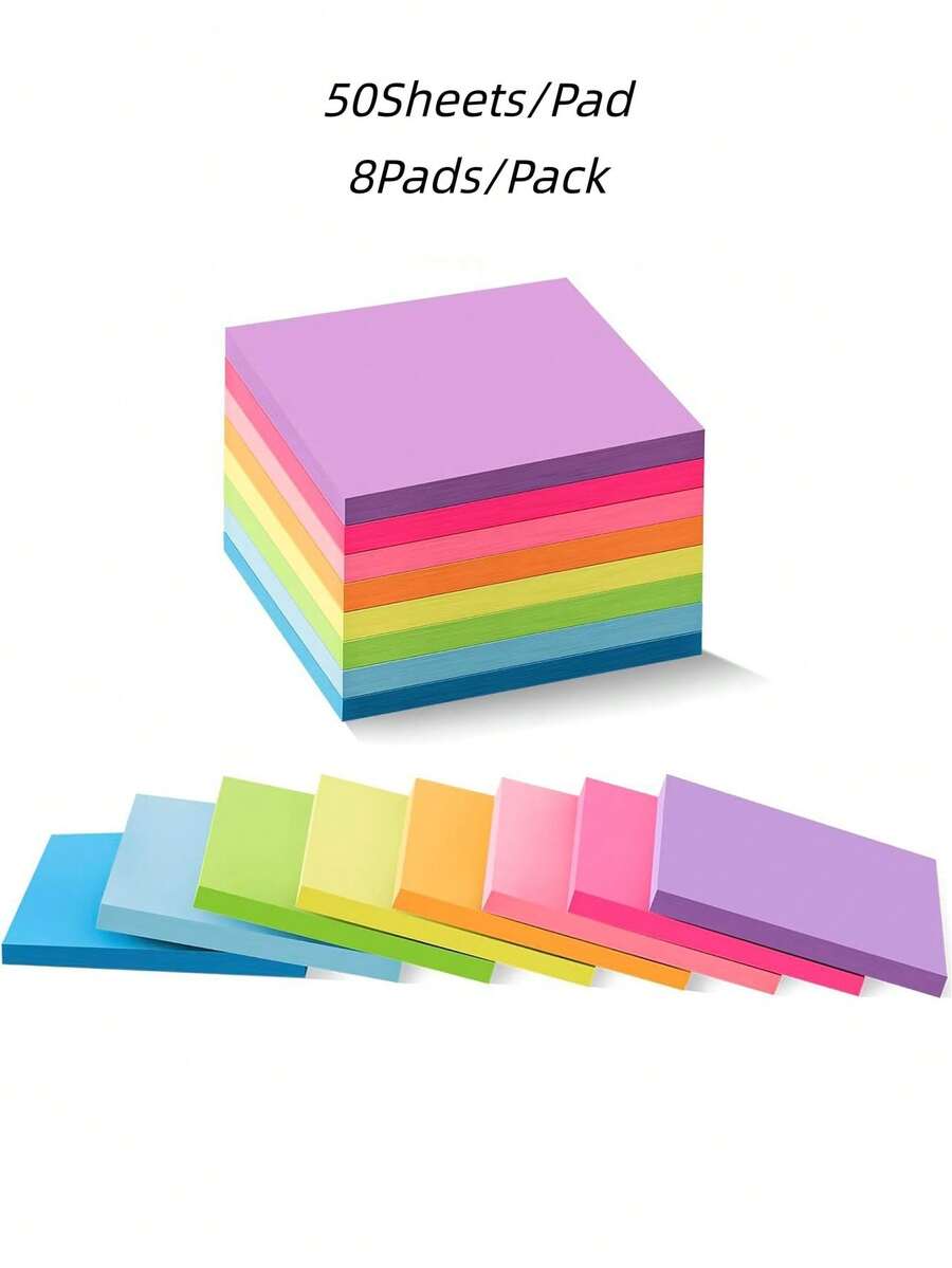 8 colores/paquete Notas adhesivas en blanco, Blocs de notas A6, Blocs de notas cuadrados multicolor, Blocs de notas adhesivas fluorescentes adecuados para estudiantes y oficinas - Multicolor - Ver 1