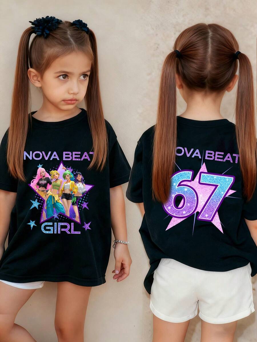 Summer & Autumn Tween Girl Casual Fashionable Creative Personalized Refreshing Chic Minimalist Cool Virtual Girl Group Colorful Pentagram Number 67 Graphic Letter Slogan Print Relaxed Basic Short T-Shirt, Comfortable Cozy Fall Styles Suitable For Summer & Autumn Girls - Black - View 1