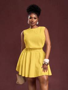 Slaydiva Bộ sưu tập Xuân/Hè mới về, thích hợp cho kỳ nghỉ, đi làm, đi chơi và dự tiệc sang trọng. Áo crop top không tay ôm dáng và chân váy mini chữ A màu kaki trơn, chất liệu vải dệt họa tiết, thoải mái, cỡ lớn dành cho nữ. Bộ 2 món gồm áo không tay, váy màu trơn, váy vàng, váy vàng đi nghỉ mát. - Màu vàng ngỗng - Xem 7