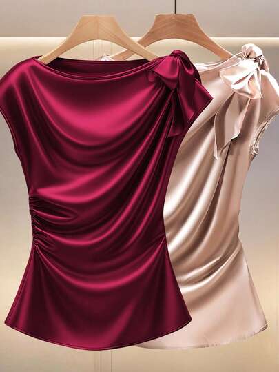 Modelyn 2pcs/Set Women Solid Color Satin Pleated Bow Tie Short Sleeve Blouse Set