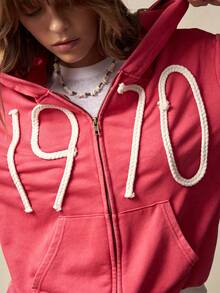 Bohemela Áo hoodie dệt kim họa tiết số chắp vá nhiều màu sắc thông thường dành cho nữ - Màu Đỏ Sâu - Xem 5