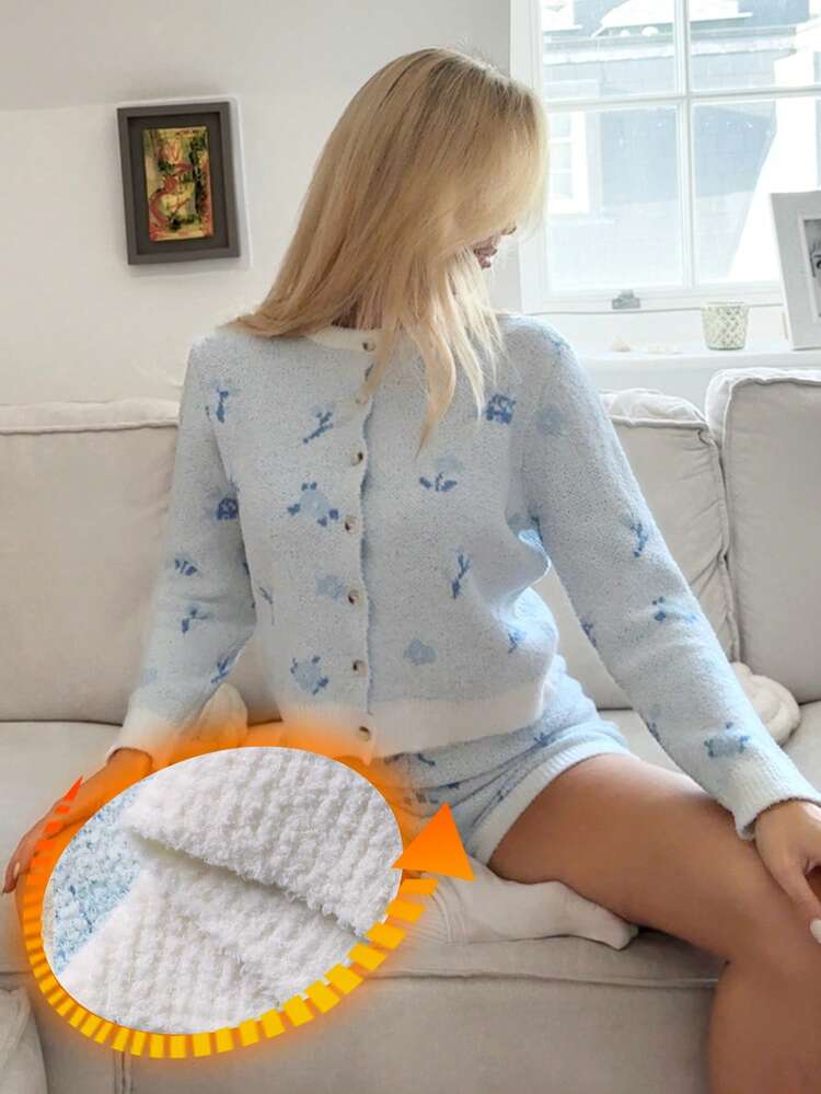 2pcs Women Loose Ditsy Floral Cardigan Long Sleeve Knit Shorts Pajama Set, Autumn/Winter