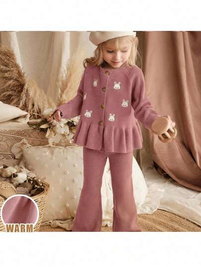 SHEIN 2pcs/Set Girl Cartoon Pattern Crew Neck Long Sleeve Pullover Top And Elastic Waist Pants, Girl Rabbit Sweater Set, Girl Cardigan Set, Girl Autumn/Winter Sweater Set, Kids 2-Piece Set, Girl Knit Cardigan, Girl Autumn Outfit, Little Girl Winter Clothes, Girls Winter Knit Set, Girl Clothing, Girls Winter Set, Kids Sweater And Pants Set