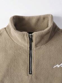 Manfinity Homme 男士山地刺绣拉链休闲套头衫 - 卡其色 - 查看 4