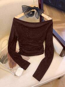 GlowEve Women's Autumn Off Shoulder Long Sleeve Ruched Shiny T-Shirt - Coffee Brown - View 2