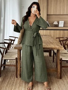 Weeklong Conjunto informal de manga larga de mezcla de lino de talla grande, primavera/verano - Verde militar - Ver 6