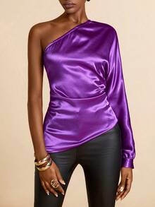 Lyxana Women's Solid Color Pleated Elegant Asymmetric Shoulder Long Sleeve Blouse - Purple - View 3