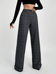 SHEIN Tall Quần ống rộng cạp cao chất liệu vải tuýt cao cấp cho nữ - Màu xám đen - Xem 4