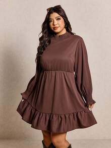 Elaquor 大码女式纯色荷叶领长袖荷叶边下摆休闲连衣裙 - 棕色 - 查看 4