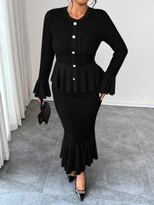 Elenzga 加大码女式两件套，高弹力针织宽条纹纹理面料，收腰，喇叭袖，鱼尾裙，优雅外出，下午茶，通勤，现代舒适，加大码，深灰色，秋冬长袖超长连衣裙两件套 - 黑色 - 查看 5